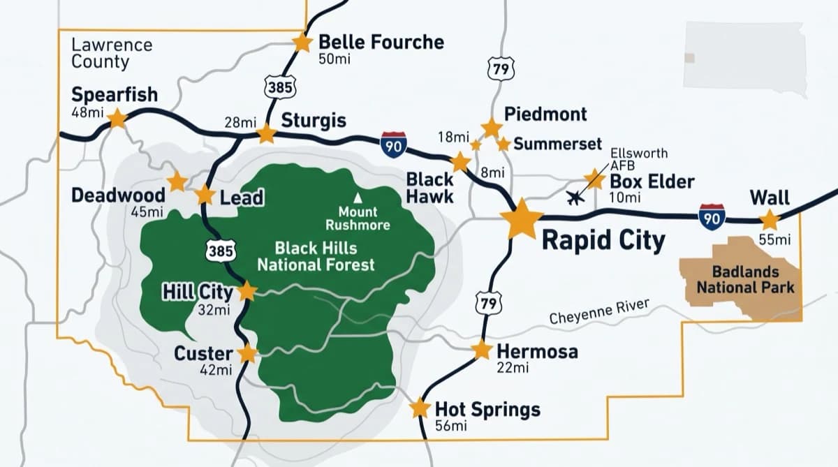 Black Hills service area map showing Rapid City, Box Elder, Black Hawk, Piedmont, Summerset, Sturgis, Spearfish, Deadwood, Lead, Belle Fourche, Hill City, Custer, Hermosa, Hot Springs, and Wall, all cities Rapid City Water Damage Restoration serves across western South Dakota
